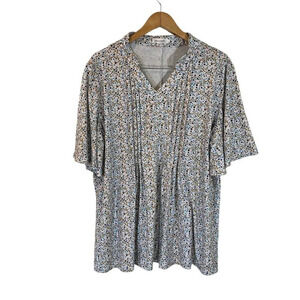 Hocosit Dainty Flower Pattern Blouse Pleated Flared Sleeves Mustard Yellow Brown